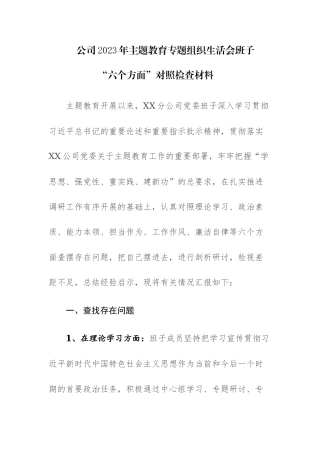 公司2023年主题教育专题组织生活会班子“六个方面”对照检查材料范文.docx