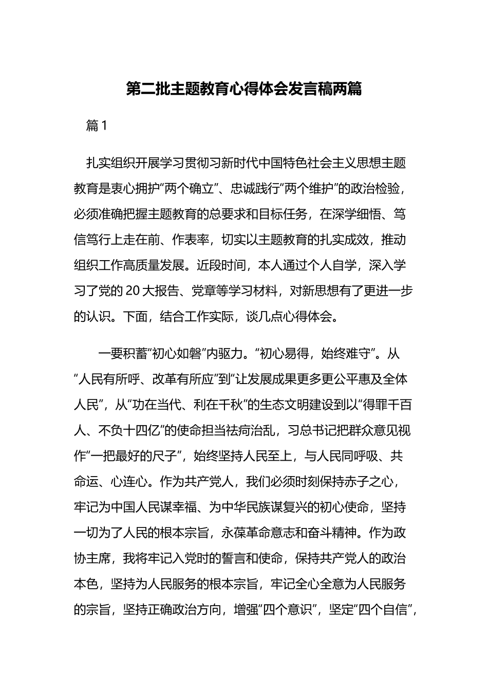 第二批主题教育心得体会发言稿两篇.docx_第1页
