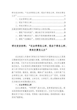 研讨发言材料：“过去学得怎么样、现在干得怎么样、将来打算怎么办”在基层党建引领基层治理工作推进会上的发言稿（2篇）.docx