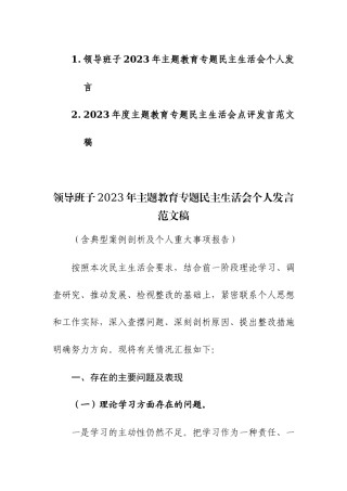 领导班子2023年主题教育专题民主生活会个人发言及点评发言范文稿2篇.docx