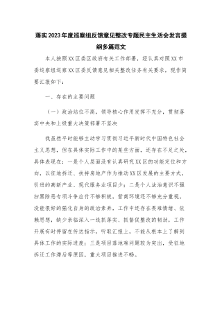 落实2023年度巡察组反馈意见整改专题民主生活会发言提纲多篇范文.docx