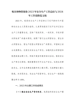 粮食和物资储备2023年安全生产工作总结与2024年工作思路范文稿.docx