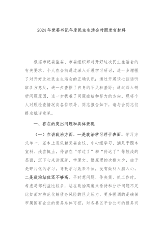 2024年党委书记年度民主生活会对照发言材料.docx