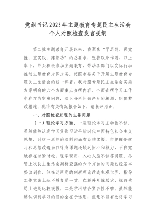 党组书记2023年主题教育专题民主生活会个人对照检查发言提纲.docx