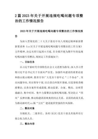 2篇2023年关于开展违规吃喝问题专项整治的工作情况报告.docx