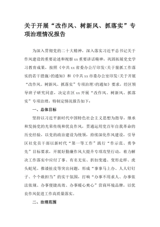 关于开展“改作风、树新风、抓落实”专项治理情况报告.docx