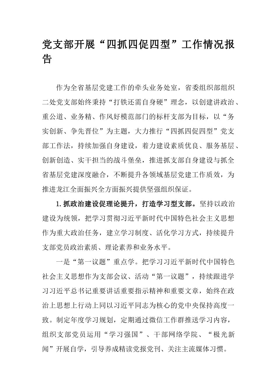 党支部开展“四抓四促四型”工作情况报告.docx_第1页