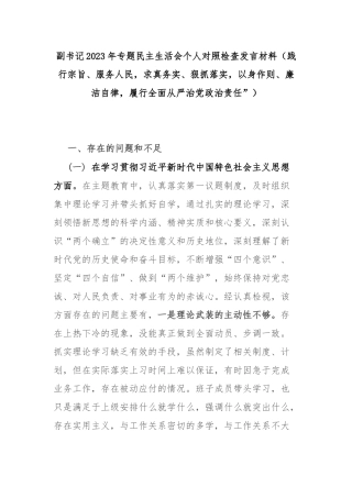 副书记2023年专题民主生活会个人对照检查发言材料（践行宗旨、服务人民求真务实、狠抓落实以身作则、廉洁自律履行全面从严治党政治责任”）.docx