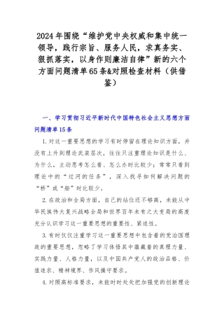 2024年围绕“维护党央权威和集中统一领导践行宗旨、服务人民求真务实、狠抓落实以身作则廉洁自律”新的六个方面问题清单65条&对照检查材料（供借鉴）.docx