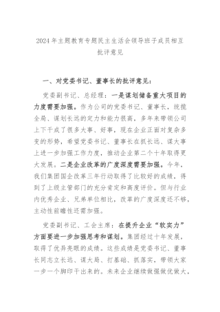 2024年主题教育专题民主生活会领导班子成员相互批评意见.docx