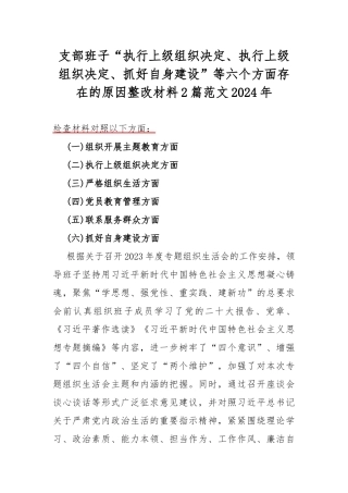 支部班子“执行上级组织决定、执行上级组织决定、抓好自身建设”等六个方面存在的原因整改材料2篇范文2024年.docx