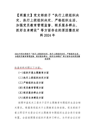 【两篇文】党支部班子“执行上级组织决定、执行上级组织决定、严格组织生活、加强党员教育管理监督、联系服务群众、抓好自身建设”等方面存在的原因整改材料2024年.docx