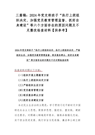 三篇稿：2024年党支部班子“执行上级组织决定、加强党员教育管理监督、抓好自身建设”等六个方面存在的原因问题及不足整改检查材料【供参考】.docx