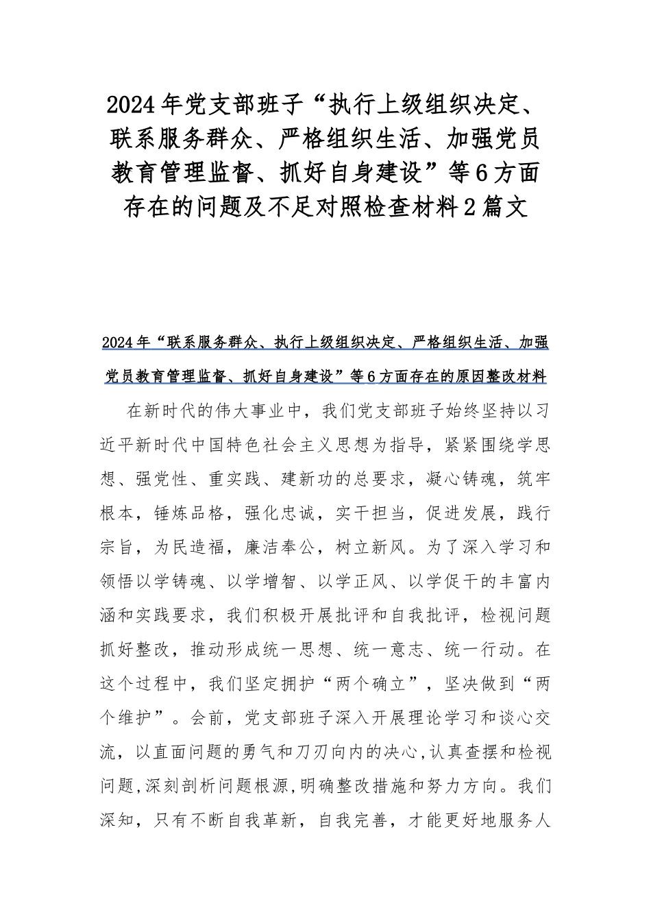 2024年党支部班子“执行上级组织决定、联系服务群众、严格组织生活、加强党员教育管理监督、抓好自身建设”等6方面存在的问题及不足对照检查材料2篇文.docx_第1页