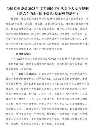 乡镇党委委员2023年度专题民主生活会个人发言提纲（新六个方面 批评意见 反面典型剖析）.docx