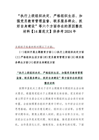 “执行上级组织决定、严格组织生活、加强党员教育管理监督、联系服务群众、抓好自身建设”等六个方面存在的原因整改材料【14篇范文】供参考2024年.docx