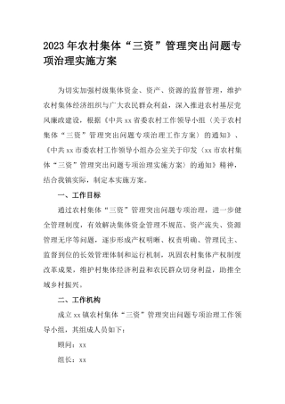 2023年农村集体“三资”管理突出问题专项治理实施方案.docx