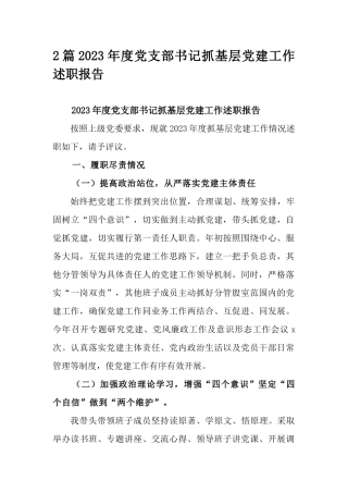 2篇2023年度党支部书记抓基层党建工作述职报告.docx