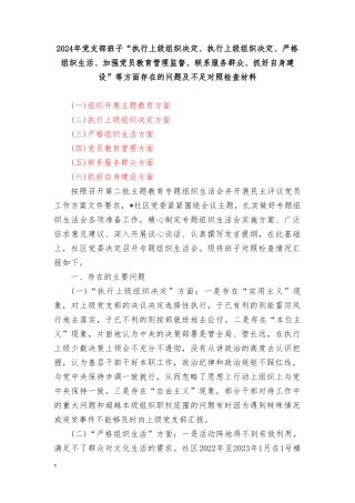 2024年党支部班子“执行上级组织决定、执行上级组织决定、严格组织生活、加强党员教育管理监督、联系服务群众、抓好自身建设”等方面存在的问题及不足对照检查材料.doc