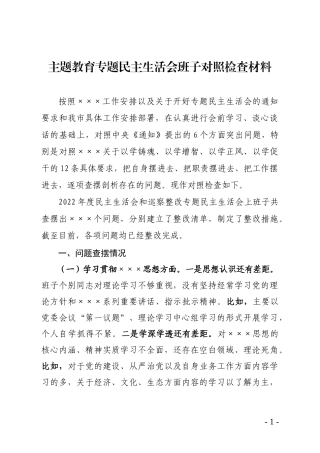 主题教育专题民主生活会班子对照检查材料.docx