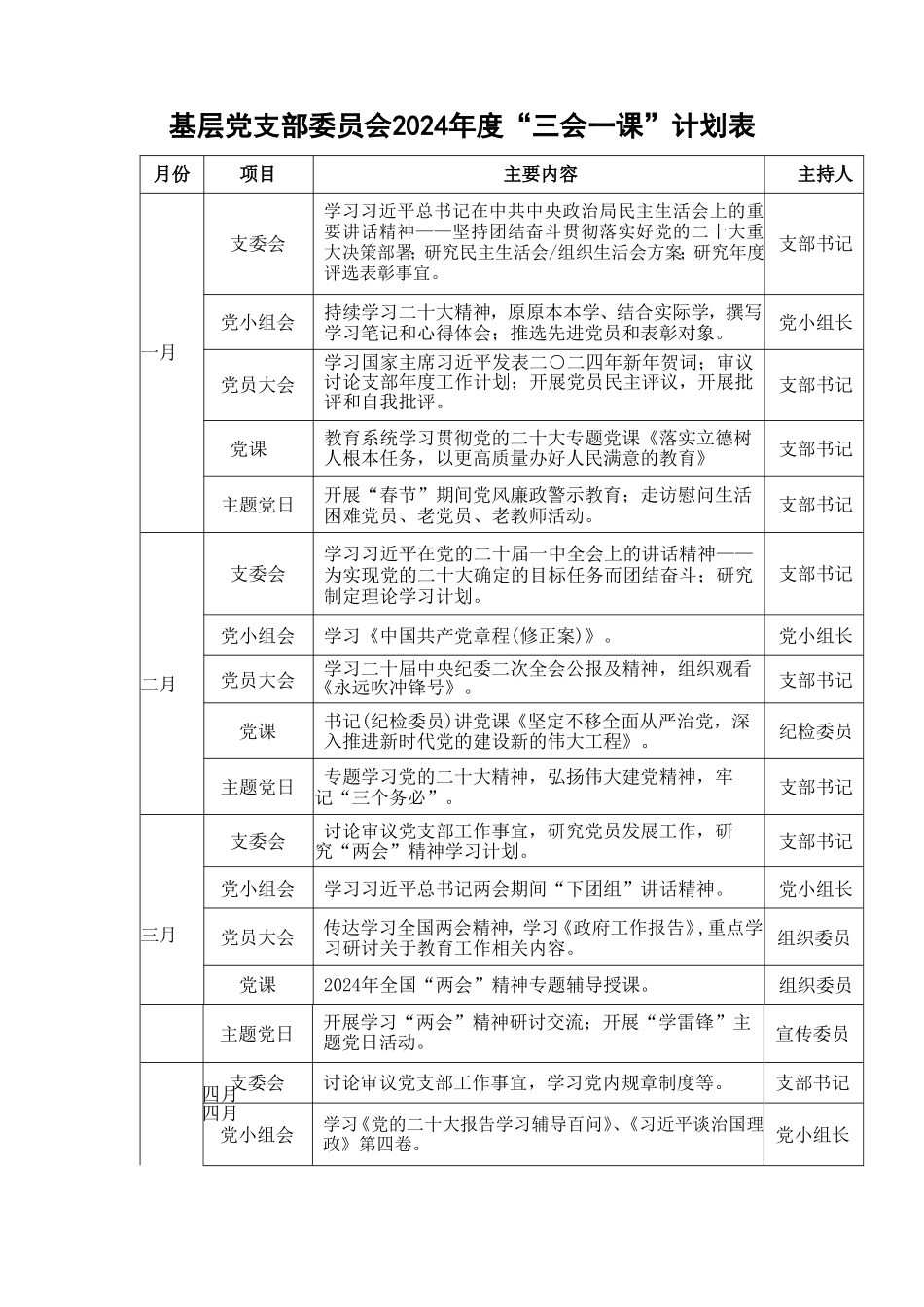 （2篇）2024年党支部主题党日活动计划+基层党支部委员会2024年度“三会一课”计划表.doc_第2页