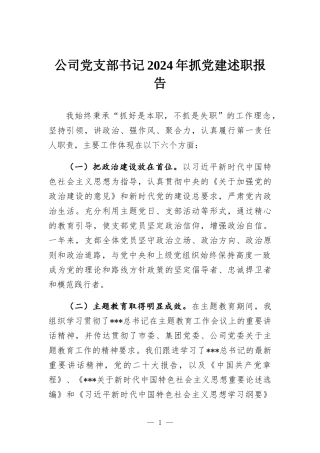 公司党支部书记2024年抓党建述职报告.docx