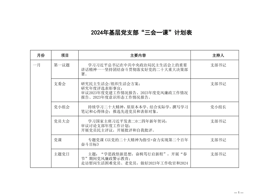 （3篇）2024年基层党支部“三会一课”计划表.doc_第1页