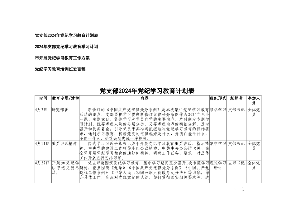 4篇 党支部党委2024年开展党纪学习教育计划安排表（附计划表、学习计划、工作方案、发言稿）.doc_第1页
