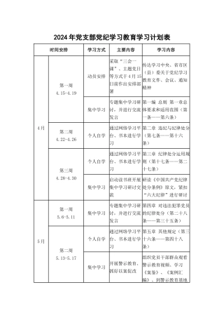 （可编辑）2024年党支部党纪学习教育学习计划表.doc
