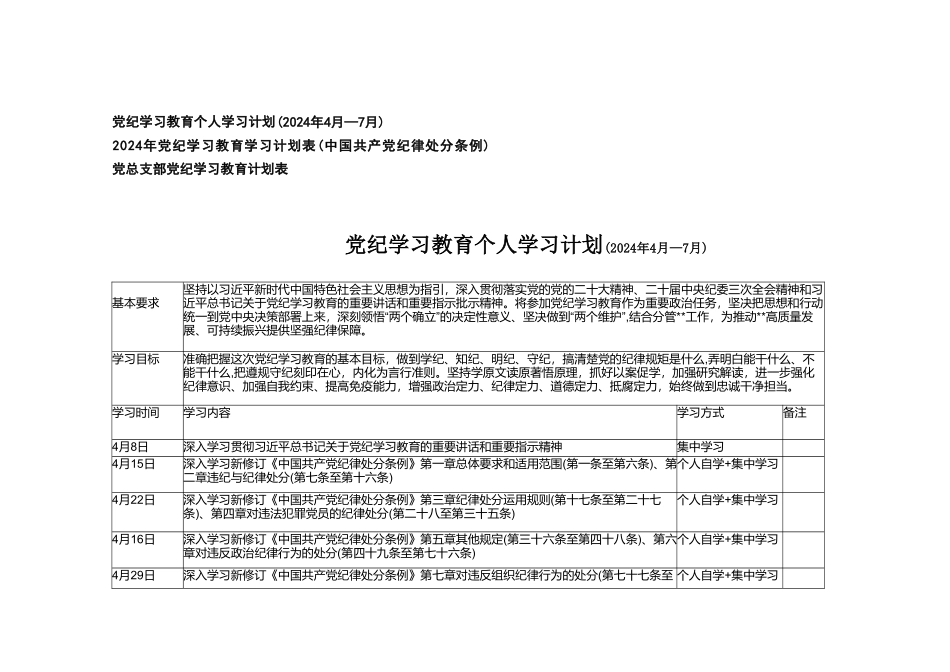 党员干部2024年党纪学习教育个人学习计划表、《中国共产党纪律处分条例》学习计划表、党总支部学纪、知纪、明纪、守纪党纪教育学习计划安排表格3篇.doc_第1页