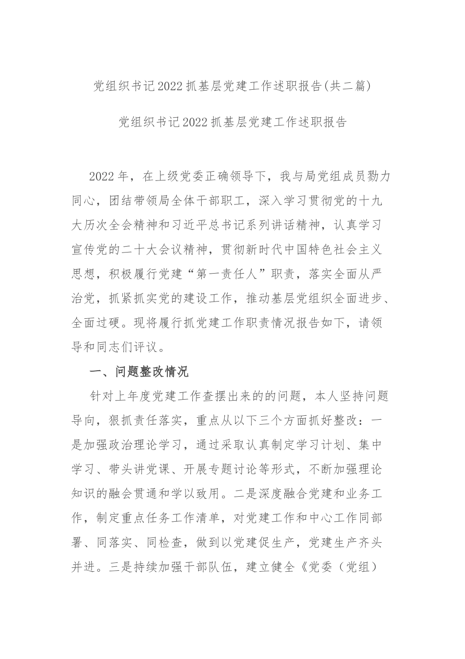 党组织书记2022抓基层党建工作述职报告(共二篇).docx_第1页