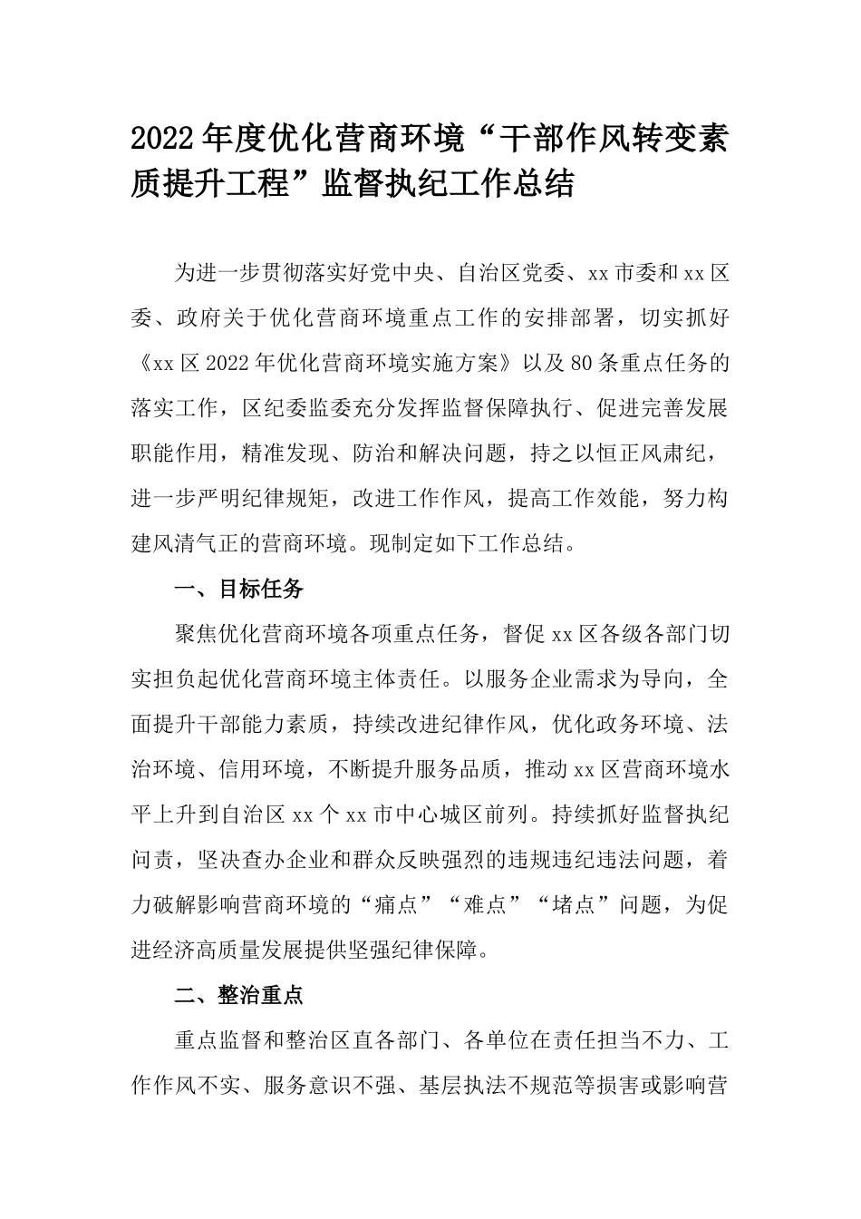 2022年度优化营商环境“干部作风转变素质提升工程”监督执纪工作总结.docx_第1页