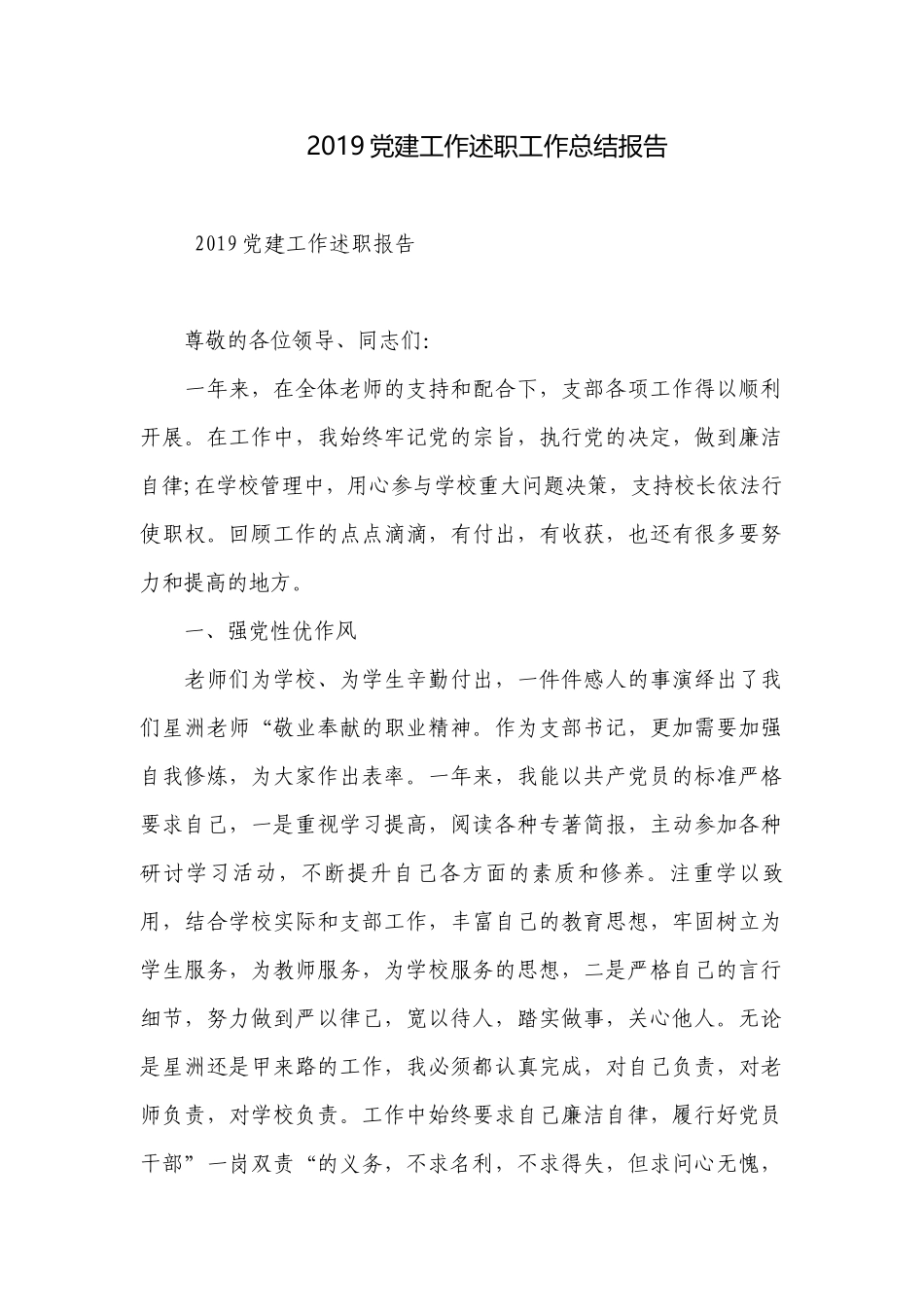 2019党建工作述职工作总结报告.docx_第1页