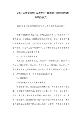 2023年党支部书记双述双评工作述职工作总结报告机关单位(例文).docx