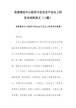 党委理论中心组学习安全生产会议上的发言材料范文（三篇）.docx
