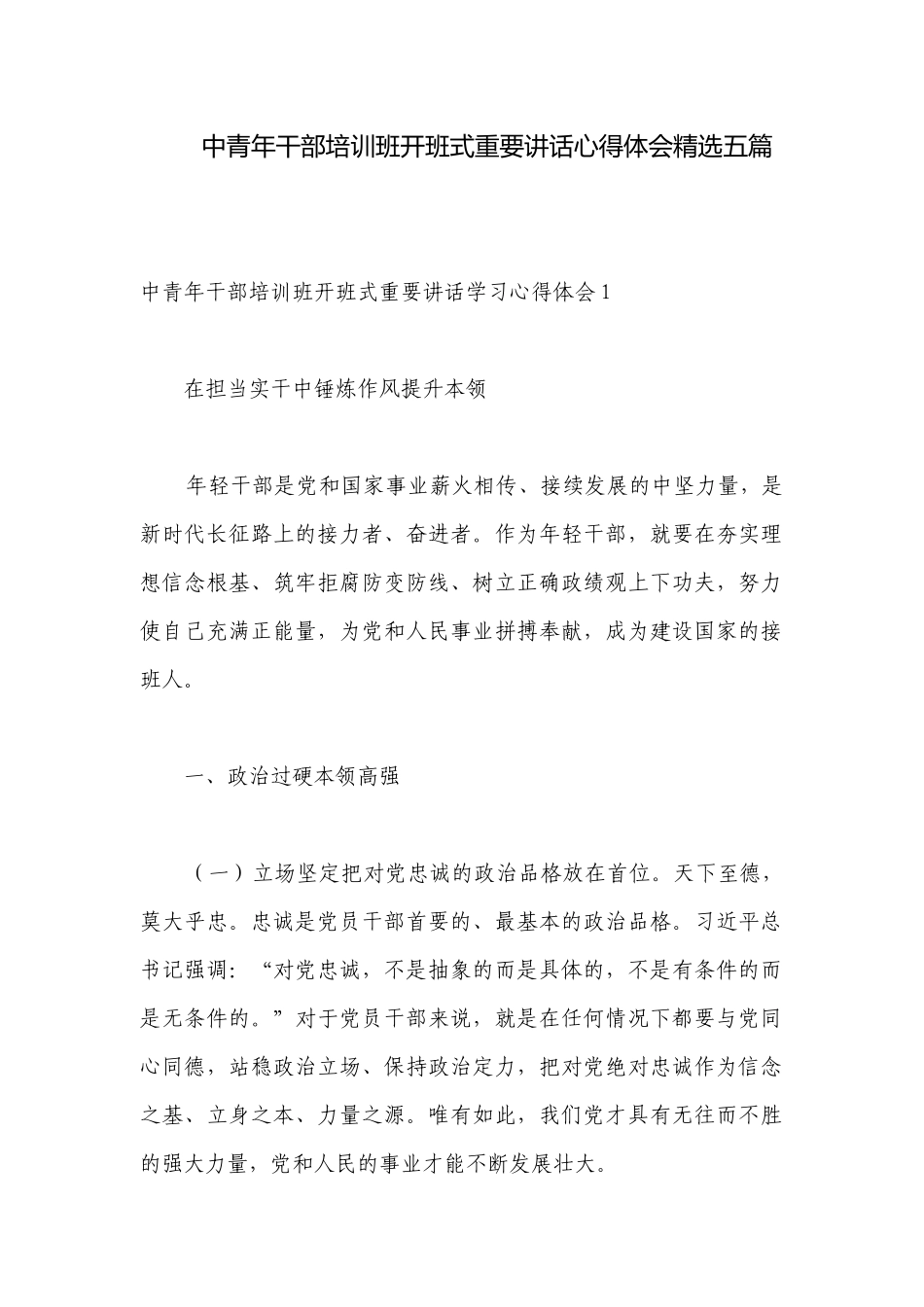 中青年干部培训班开班式重要讲话心得体会精选五篇.docx_第1页