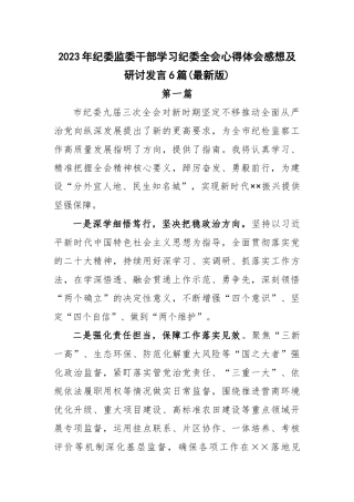 2023年纪委监委干部谈学习贯彻纪委全会心得体会感想及研讨发言6篇(最新版).docx
