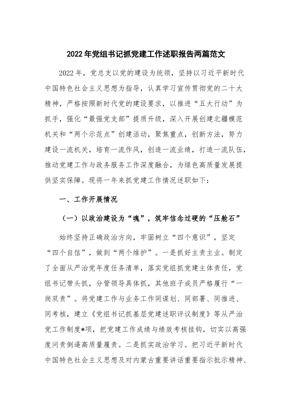 2022年党组书记抓党建工作述职报告两篇范文.docx_第1页