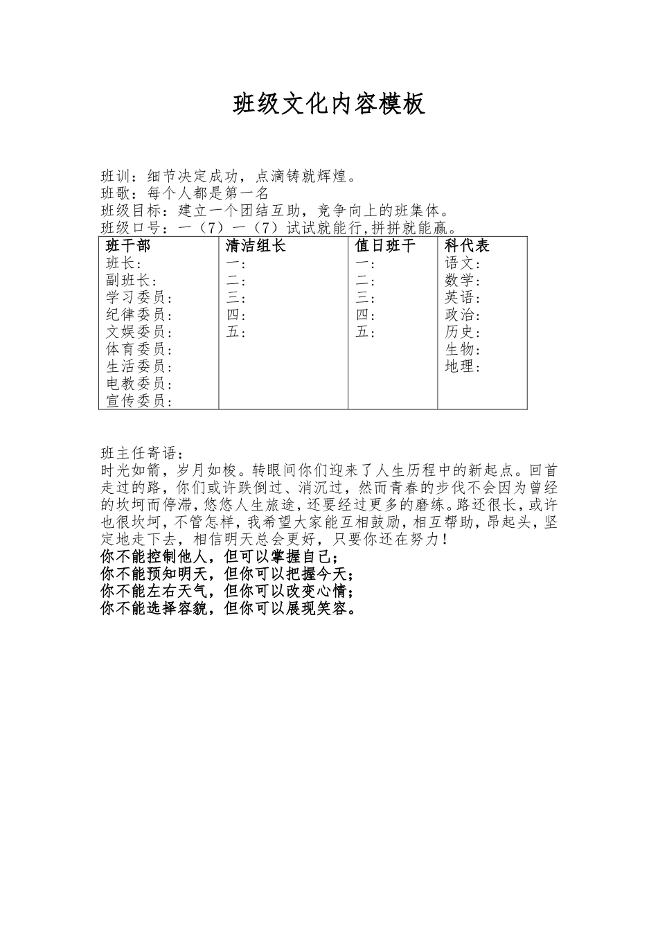 XX学校班级文化内容模板.doc_第1页