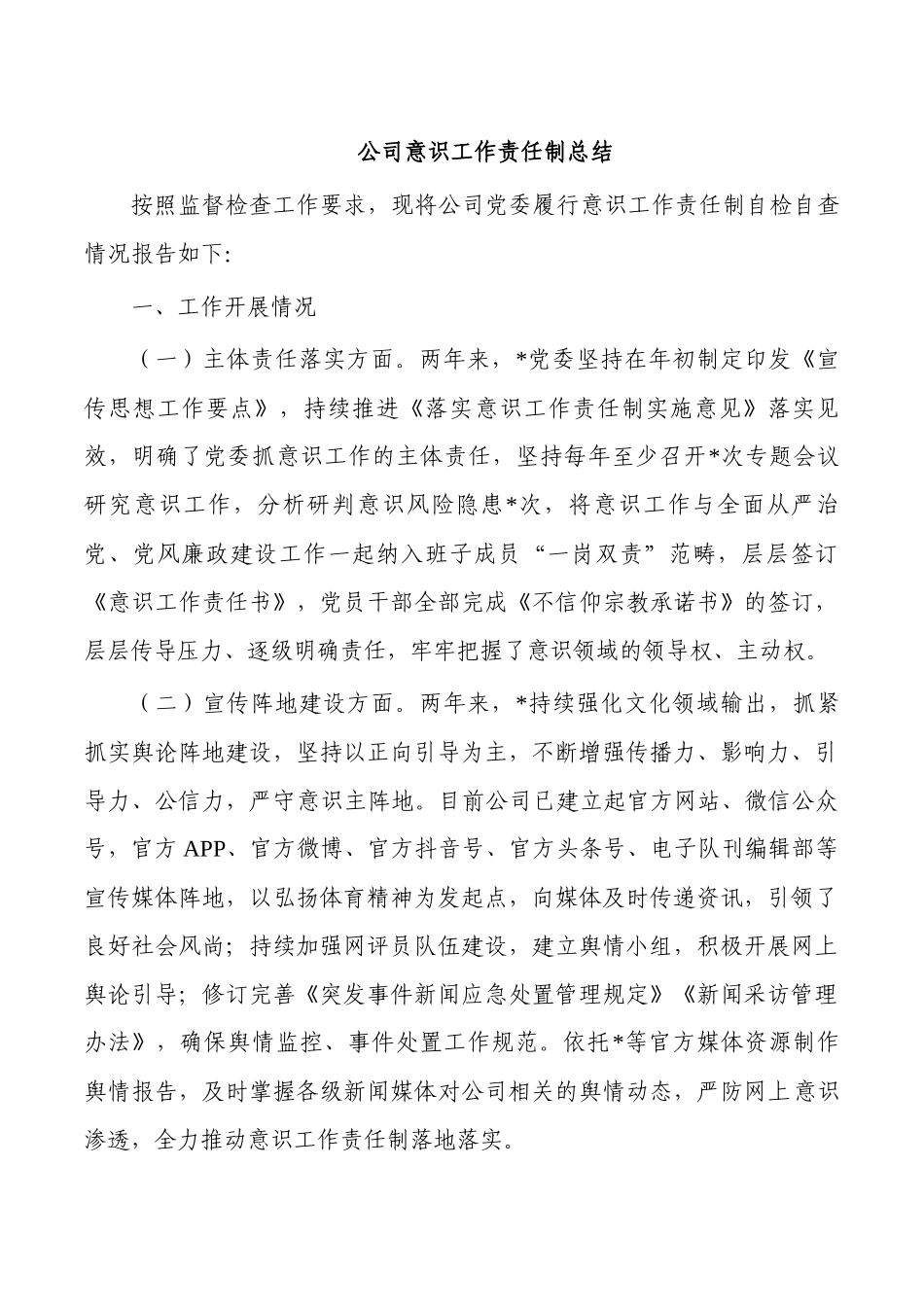 公司意识工作责任制总结.docx_第1页