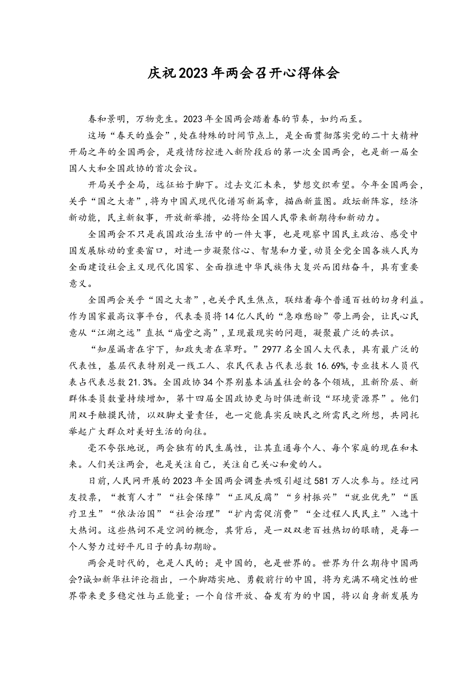 （2篇）庆祝2023年两会召开心得体会.docx_第1页