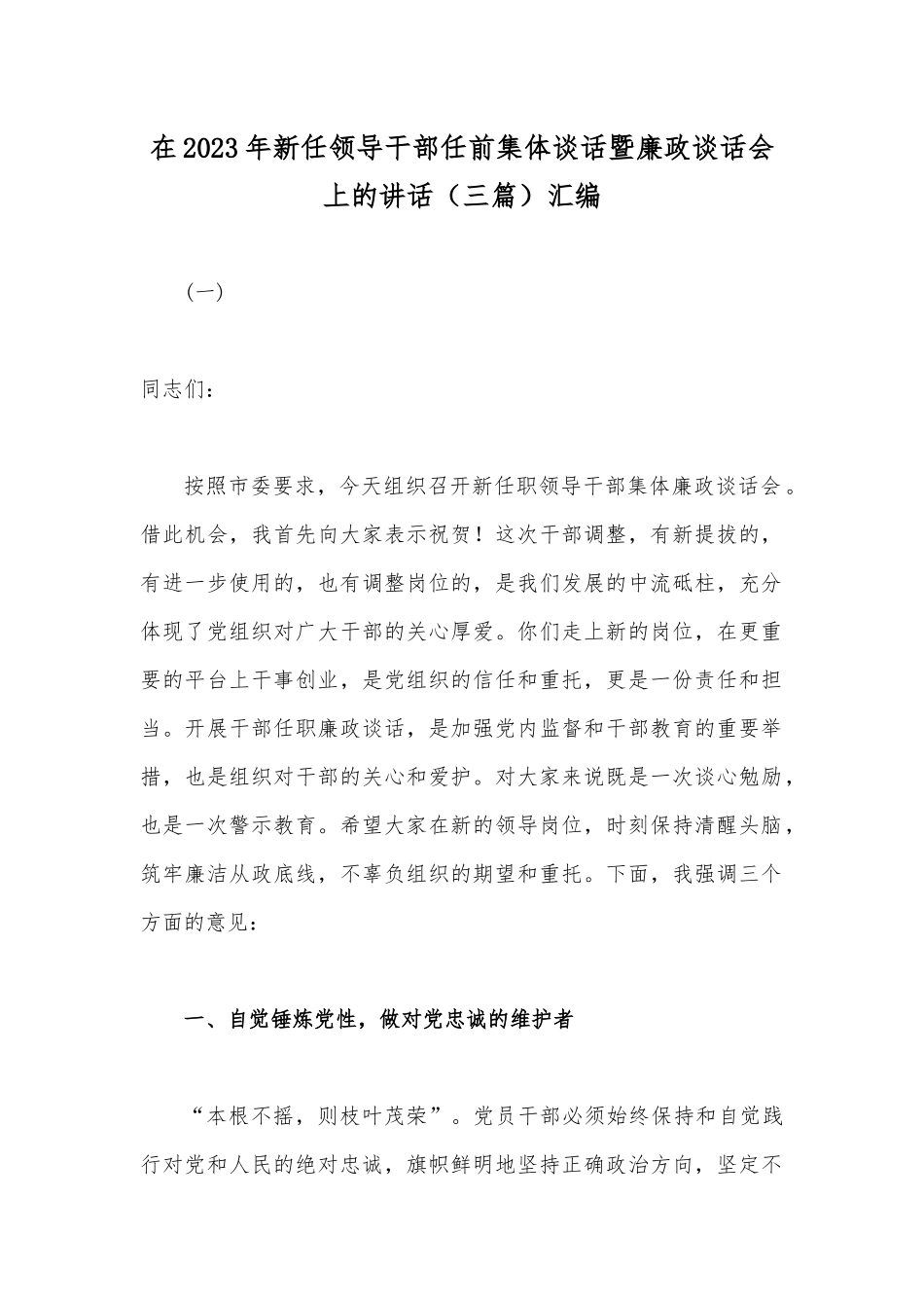 在2023年新任领导干部任前集体谈话暨廉政谈话会上的讲话（三篇）汇编.docx_第1页