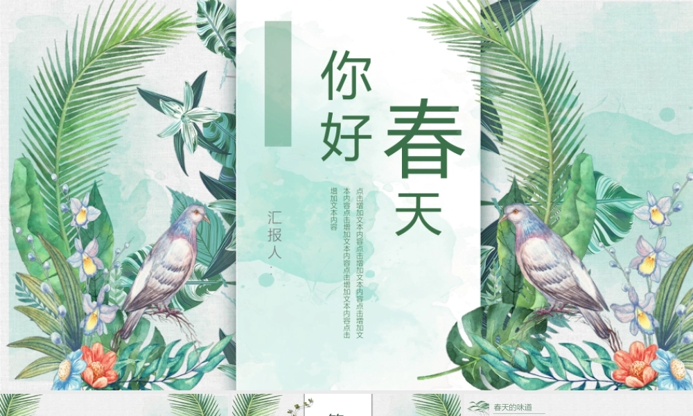 绿色水彩花鸟背景的你好春天.pptx