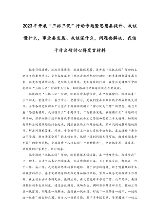(14篇）2023年开展“三抓三促”行动专题暨思想要提升、我该懂什么事业要发展、我该谋什么问题要解决、我该干什么研讨心得发言材料.docx