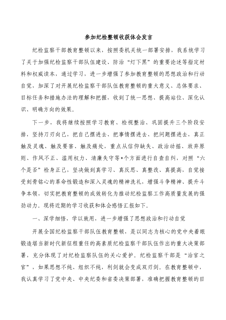 参加纪检整顿收获体会发言.docx_第1页