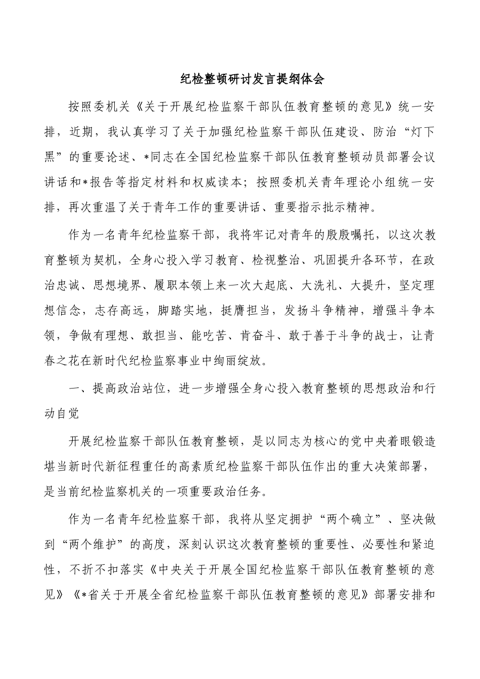 纪检整顿研讨发言提纲体会.docx_第1页