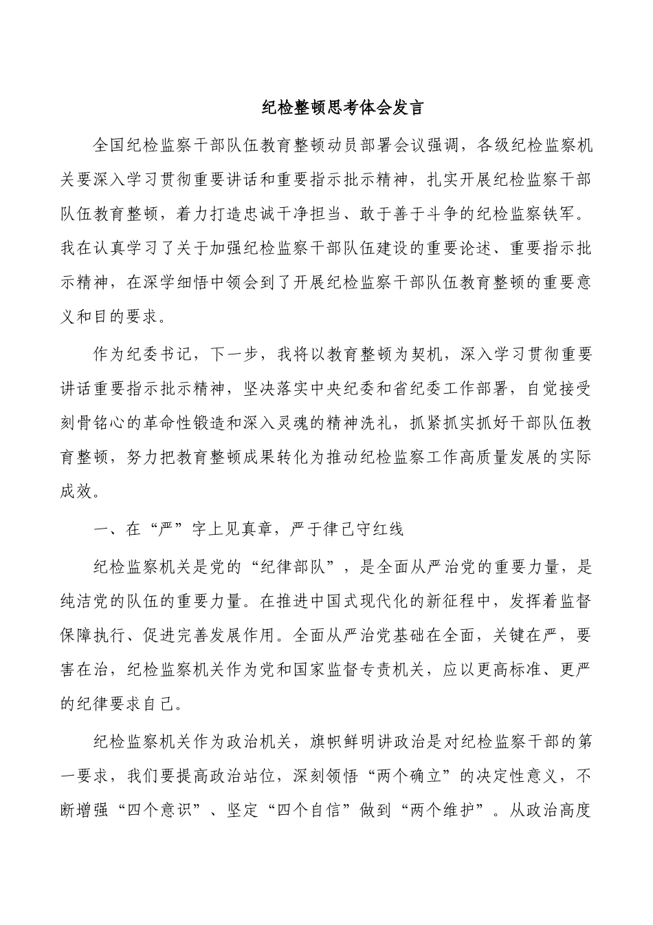 纪检整顿思考体会发言.docx_第1页