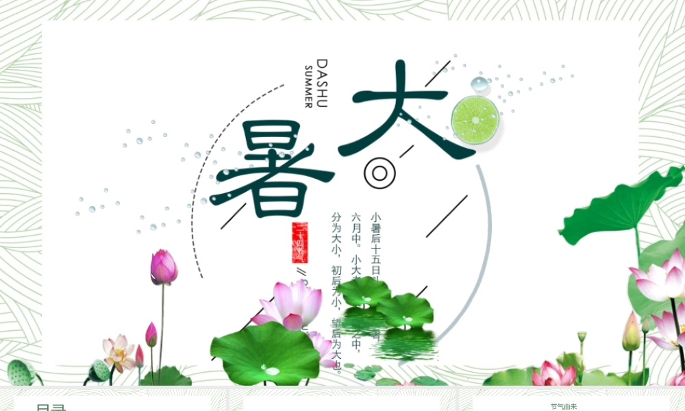 绿色纹理与荷花背景的大暑节气PPT模板.pptx