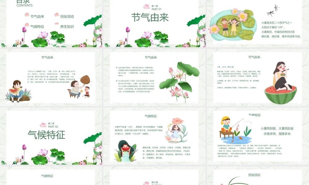 绿色纹理与荷花背景的大暑节气PPT模板.pptx