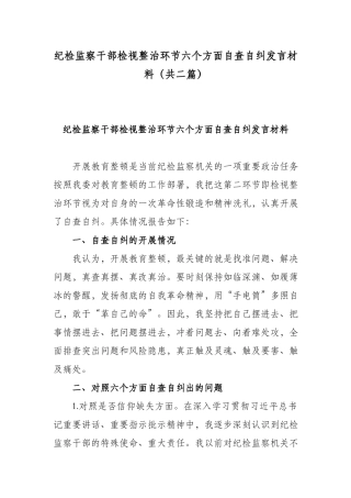 纪检监察干部检视整治环节六个方面自查自纠发言材料（共二篇）.docx